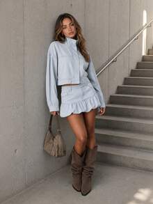 MISSGUIDED Cropped Denim Jacket With Funnel Collar Balloon Sleeves Zip Closure Oversized Fit Spring Summer - Light Wash - View 1