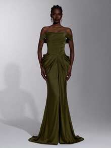 Elitara Robe de soirée élégante et formelle de luxe en tricot élastique, épaules dénudées, plissée à la main, dentelle transparente à la taille, coupe moulante en forme d'éventail, fente, longueur sol, mariage, été - Vert - Voir 8