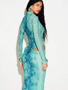 KIZN Snake Print Mesh Bodysuit Deep V Neck Long Sleeve Cutout Side Design Fitted Clubwear Party Festival Outfit - Blue - View 7