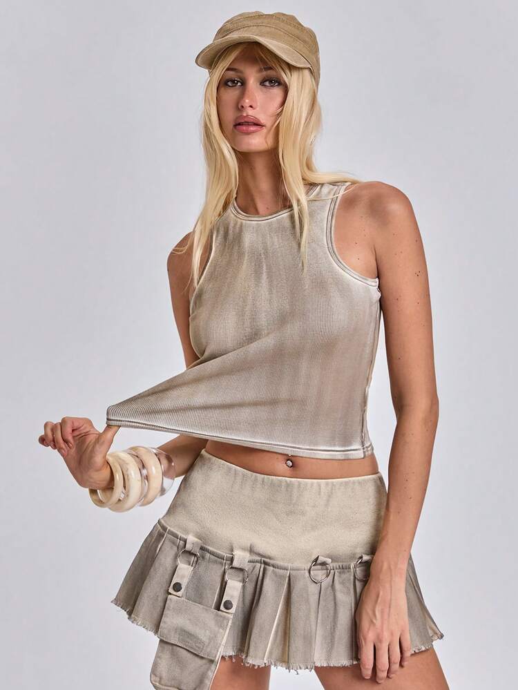 ACID BLVD Y2K Wasteland Style Dirty Wash Slim Fit Square Neck Tank Top, All-Match Versatile For Spring Summer Autumn Winter - White - View 8