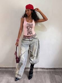 Fiercella Fiercella Women's Spring/Summer U-Neck Pink Wasteland Style Print Slim Fit Comfortable Streetwear Y2K Hot Girl Rock Sexy Tank Top Going Out Night Out Nightout - Baby Pink - View 6