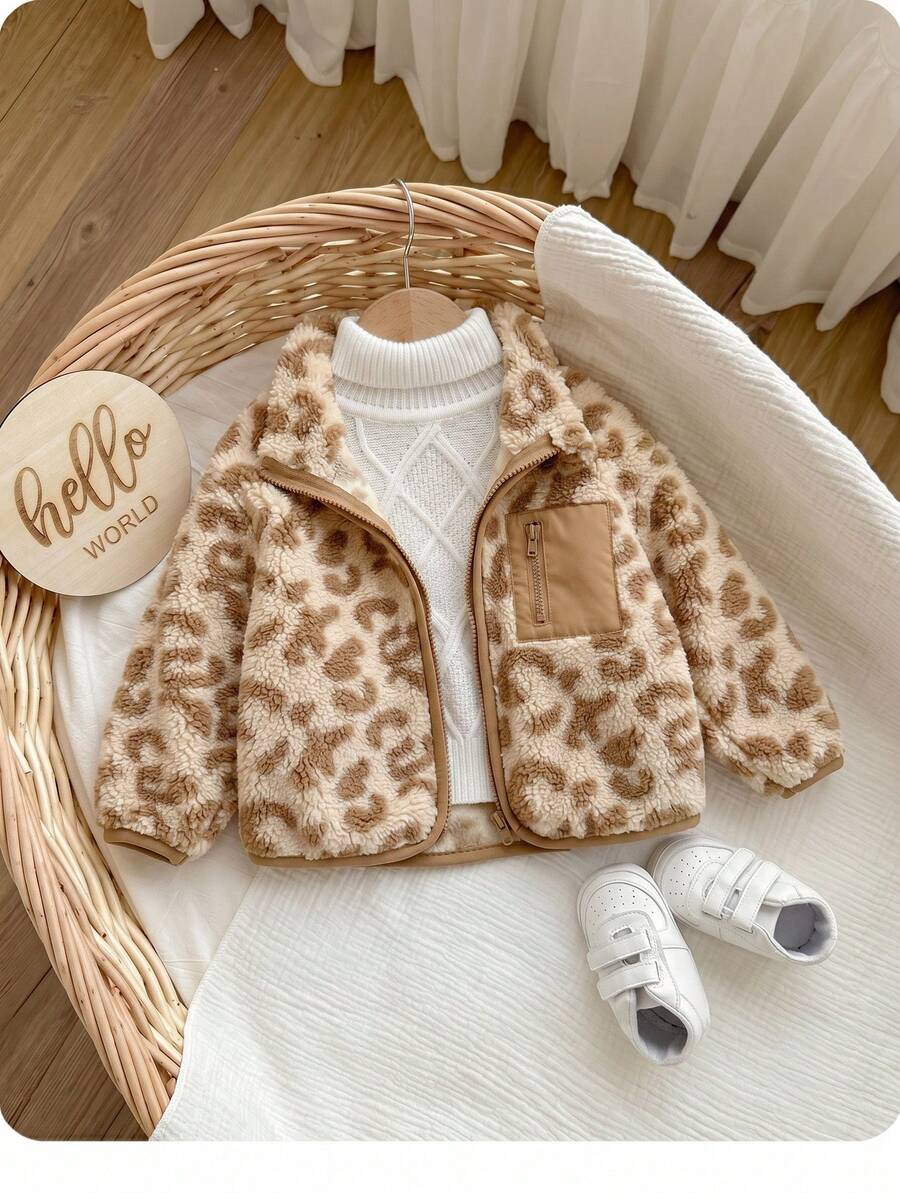 SHEIN 女嬰可愛秋冬百搭豹紋保暖內裡夾克 - 棕色 - 查看 1