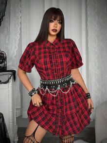 Whyspr Vestido de Talla Grande Primavera/Verano Punk con Volantes Multicapa a Cuadros - Rojo - Ver 2