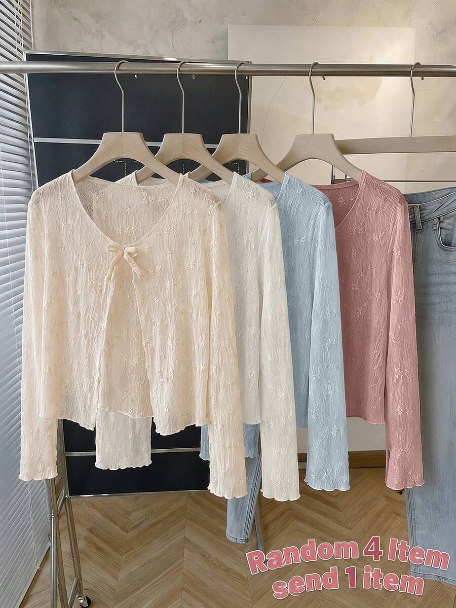 SHEIN 少女女孩紋理針織面料甜美泡泡袖 3D珍珠裝飾肩部優雅短款長袖外套 - 粉色 - 查看 1