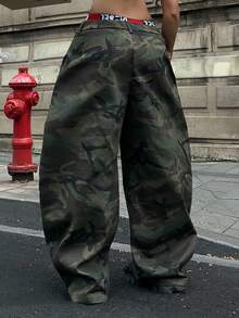 Coolane 男女夏季西部牛仔风街头服饰演唱会 Y2K 森林迷彩宽松低腰裤 - 軍綠色 - 查看 5