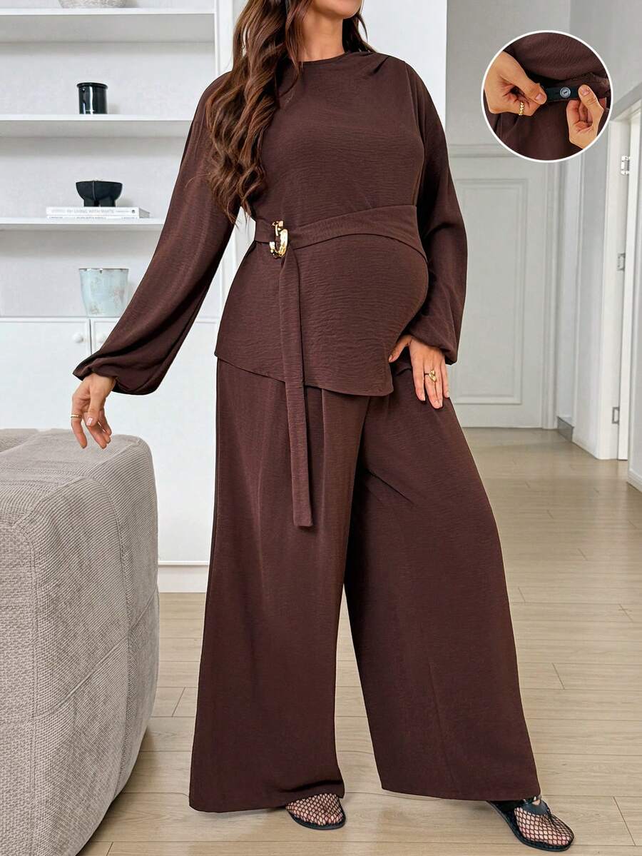 SHEIN طقم من قطعتين للحوامل: ملابس علوية بأكمام طويلة مع إبزيم معدني منقوش وبنطال فضفاض بخصر قابل للتعديل، للخريف - قهوة بني - مشاهدة 1