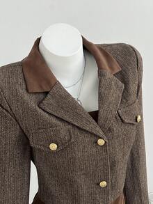 Elamini Women's Elegant Pleated Bandeau Dress And Button Cropped Long Sleeve Blazer Suit Set - Brown - View 8