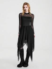Breakform Gothic Halloween Sexy Sheer-Panel Asymmetric Stretch Dress – A Classic, Slimming, Versatile Mock-Neck Dress For The Dark, Cool Girl Aesthetic - Black - View 5
