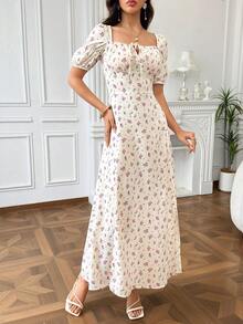 Modelyn 女款方領碎花開衩度假夏季短袖長版晚禮服洋裝 - 杏色 - 查看 6