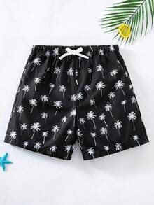 SHEIN 儿童/青少年男童休闲百搭舒适椰树印花拼接宽松内衬泳裤沙滩裤 - 黑色 - 查看 3