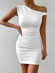 Femesol One Shoulder Solid Color Ruched Sexy Open Shoulder Dress - White - View 4