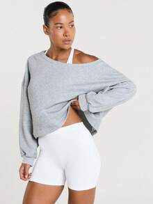 11SKNDS Oversized Off-Shoulder Cropped Sweatshirt With Drop Sleeves, Wide Neckline, Casual Everyday Cozy Pullover Top For Fall Winter - Grey - View 2