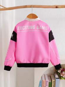 Young Girl Casual Daily Letter Print Loose Drawstring Hem Jacket, Black And Pink Autumn/Winter Jacket Back To School Fall Clothes - Multicolor - View 2
