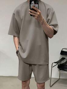 DAZY 男士休闲简约夏季纯色 T 恤和短裤 2 件套，舒适服装 - 灰色 - 查看 1