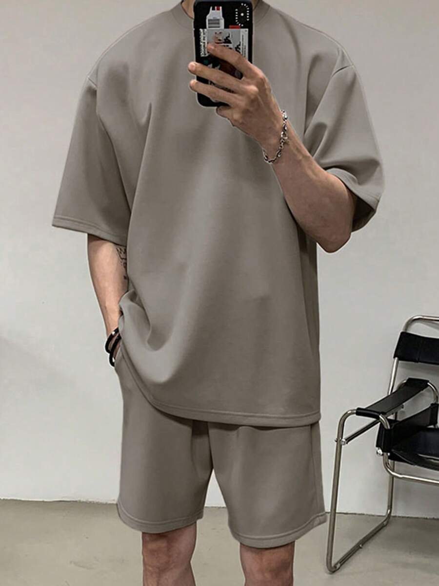DAZY 男士休闲简约夏季纯色 T 恤和短裤 2 件套,舒适服装 - 灰色 - 查看 1