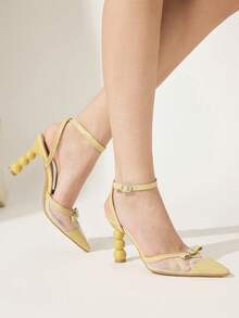 CUCCOO CHICEST Women's Shoes Rhinestone Bow Mesh Pointed Alien Heel French Fresh Light Yellow Patent Leather Women's Back Empty High Heels Commuter Dating - Yellow - View 5