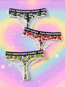 THE POWERPUFF GIRLS X SHEIN Women's Letter Print All-Over Casual Daily Thong Panties - Black - View 2