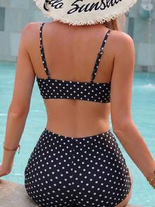 Swim Lushoire 女款夏季海灘派對純黑白波點細肩帶性感可愛70年代比基尼低腰三角褲兩件式泳衣套裝 - 黑與白 - 查看 2