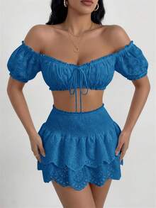 SHEIN SXY 女款法式性感短版鏤空刺繡綁帶上衣 - 藍色 - 查看 3