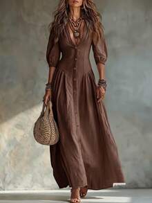 Glimmora Women's Fashion Solid Color Deep V-Neck Single-Breasted 3/4 Sleeve Long Dress - Coffee Brown - View 3