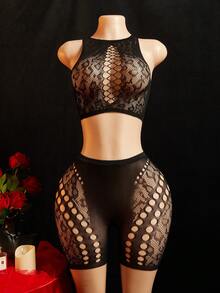 SHEIN Conjunto de Lingerie Sexy de Renda para Mulheres, Lingerie Sexy Adequada para Mulheres, Perfeita para Lua de Mel, Noite de Encontro e Outras Ocasiões. Esta Lingerie apresenta um design de malha, muito sexy e encantadora. Lingerie de Meia-Calça de Malha Sexy Adequada para Festa, Boate, Encontro, Apresentação, Noite de Casamento - Preto - Visão 4