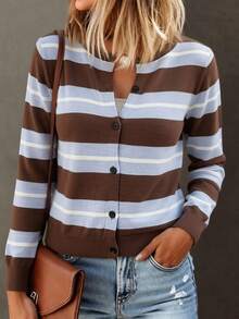 SHEIN PariChic Autumn/Winter Casual Color Block Striped Cardigan - Coffee Brown - View 4