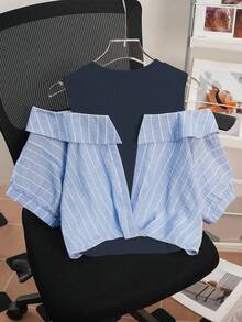 Franclia Women's Striped Cold Shoulder 2 In 1 T-Shirt, Summer - Multicolor - View 2