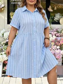 SHEIN CURVE+ Plus Size Striped Color Block Pleated Casual Daily Wear Dress Formal, Fall Winter 2026 22W - Blue and White - View 6