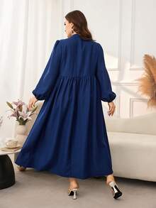 Lacomfia Women's Lantern Sleeve Ruched Waist Casual Comfortable Spring/Autumn Plus Size Dress - Navy Blue - View 2