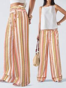 SHEIN Tall CURVE CURVE 大尺碼女款條紋高腰寬腿寬鬆休閒長褲，適合高個子，夏季波希米亞風海灘度假優雅長褲 - 彩色 - 查看 3