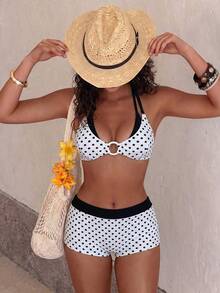 Sunnyshic Creamy Soft White With Black Polka Dot Print Halter Bikini Set - Black and White - View 6
