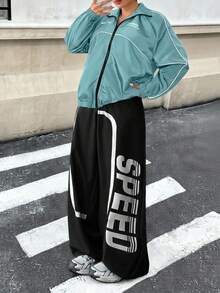 SHEIN EZwear 大尺碼女款鴨子藍色字母圖案長袖拉鍊外套 秋季 - 水鴨藍 - 查看 3