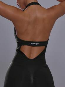 Musera Sport Scoop Front Halterneck Fitted Cinched Waist Open Cutout Detail Back Seamless Unitard Playsuit Workout Gym Cute Pilates Fitness Daily - Black - View 2