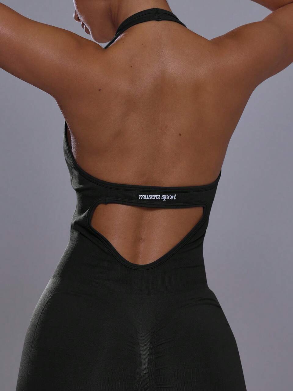 Scoop Front Halterneck Fitted Cinched Waist Open Cutout Detail Back Seamless Unitard Playsuit Workout Gym Cute Pilates Fitness Daily