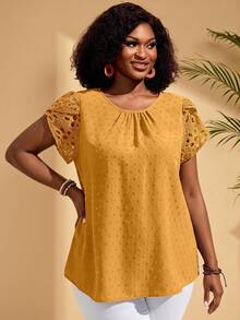 BrightlyHer Plus Size Women Round Neck Short Sleeve Casual Blouse Summer Tropical Vacation Modest Top For Beach - Yellow - View 1
