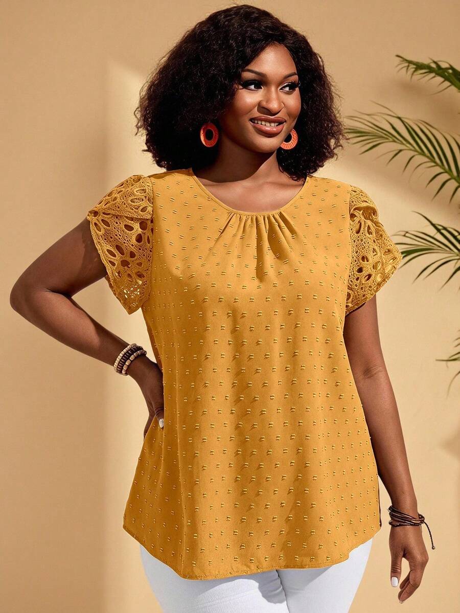 BrightlyHer Plus Size Women Round Neck Short Sleeve Casual Blouse Summer Tropical Vacation Modest Top For Beach - Yellow - View 1