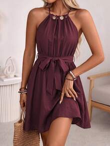 Wandoria Women's Spring/Summer French Elegant Luxury Minimalist High-End Design Casual Bohemian Vacation Office Commute Old Money Style Comfortable Solid Color Faux Linen Fabric Ruched Neckline Beaded Decoration Elastic Waist Self-Fabric Belt Cinched Waist A-Line Spaghetti Strap Tie Strap Pocket Short Dress - Burgundy - View 1