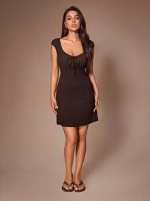 Lazeform Women's Solid Color Square Neck Tie-Front Knitted Textured Fitted A-Line Lounge Sleep Dress Holiday Lounge Dark Brown Summer Casual - Chocolate Brown - View 7