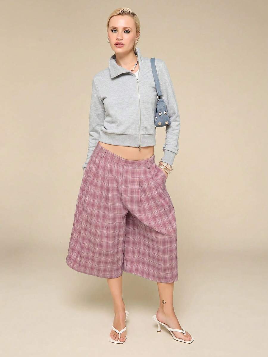 COUREZ 女士超大格纹牛仔短裤夏季穿搭,适合度假/街头休闲/Y2K/休闲音乐节 - 珊瑚粉 - 查看 1