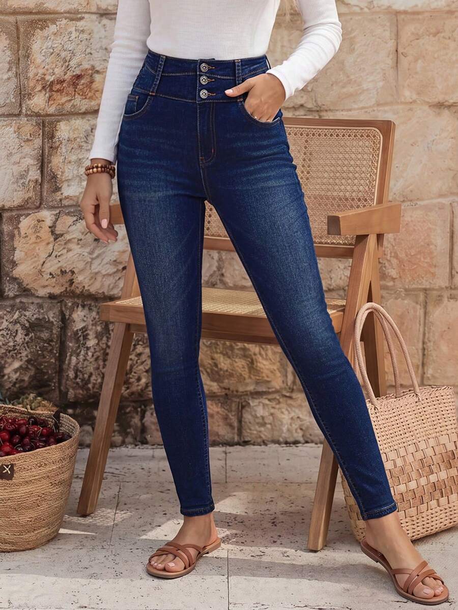 EMERY ROSE Casual Washed High Waist Skinny Fit Jeans - Dark Wash - View 1