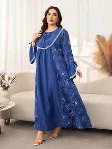 Lacomfia Casual Boho Printed Patchwork Solid Color Notch Neck Long Sleeve Loose Regular Fit Plus Size Dress Spring Autumn Vacation Formal Blue - Blue - View 4