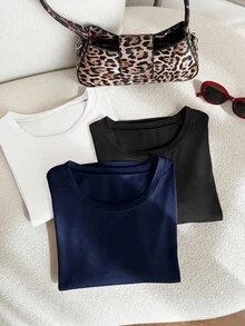 Comfortcana 3 piezas Camisetas básicas de cuello redondo de manga corta de colores para tallas grandes - Multicolor - Ver 6