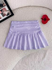 Tween Girl Tween Girls Purple Knitted Casual Vacation Home Versatile Hollow Texture Ruched A-Line Low Waist Mini Skirt, Suitable For All Seasons - Purple - View 2