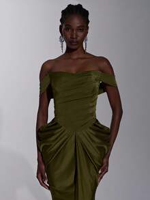 Elitara Robe de soirée élégante et formelle de luxe en tricot élastique, épaules dénudées, plissée à la main, dentelle transparente à la taille, coupe moulante en forme d'éventail, fente, longueur sol, mariage, été - Vert - Voir 7