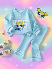 THE POWERPUFF GIRLS X SHEIN Set Baju Sweatshirt Lengan Panjang dan Celana Panjang Model Lebar untuk Bayi Perempuan dengan Motif Kartun Lucu - Biru - View 1