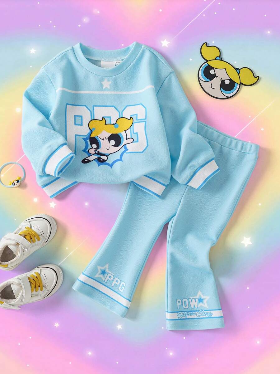 THE POWERPUFF GIRLS X SHEIN Set Baju Sweatshirt Lengan Panjang dan Celana Panjang Model Lebar untuk Bayi Perempuan dengan Motif Kartun Lucu - Biru - View 1