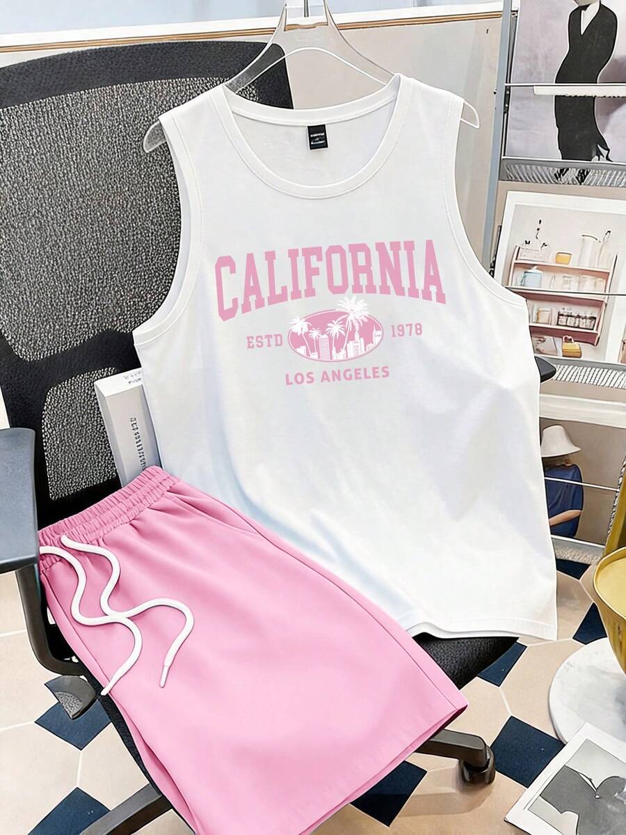Daypath Men's Letter Print Crew Neck Top And Shorts Casual Everyday Set - Pink - View 1
