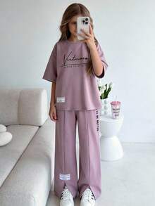 SHEIN 少女春夏灰紫色圆领针织宽松字母印花T恤上衣和阔腿休闲裤两件套 - 紫色 - 查看 4