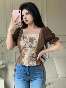 Feyla Women's Jacquard Contrast Lace Puff Sleeve Side Waist Tie Elegant Blouse - Brown - View 5