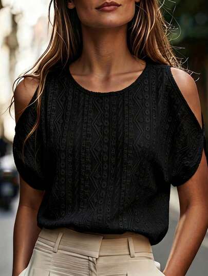 SHEIN Franclia Top sexy et élégant pour les vacances d'été, T-shirt en tricot élastique brodé à col rond et épaules dénudées, pour les sorties, les soirées et les rendez-vous, festival de juin, noir